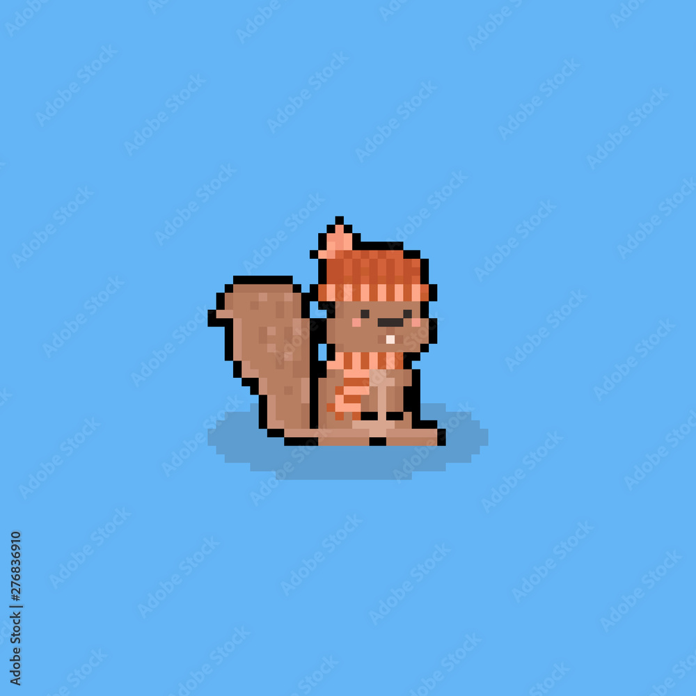 Fototapeta premium Pixel art cartoon squirrel character with scarf and bobble hat.8bit.