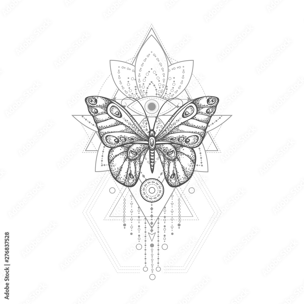Vector illustration with hand drawn butterfly and Sacred geometric symbol on white background. Abstract mystic sign. Vector illustration with hand drawn butterfly and Sacred geometric symbol on white background. Abstract mystic sign.