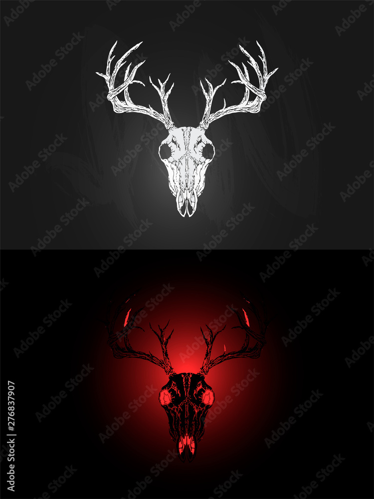 Vector illustration with two variants of hand drawn deer skull on dark ...