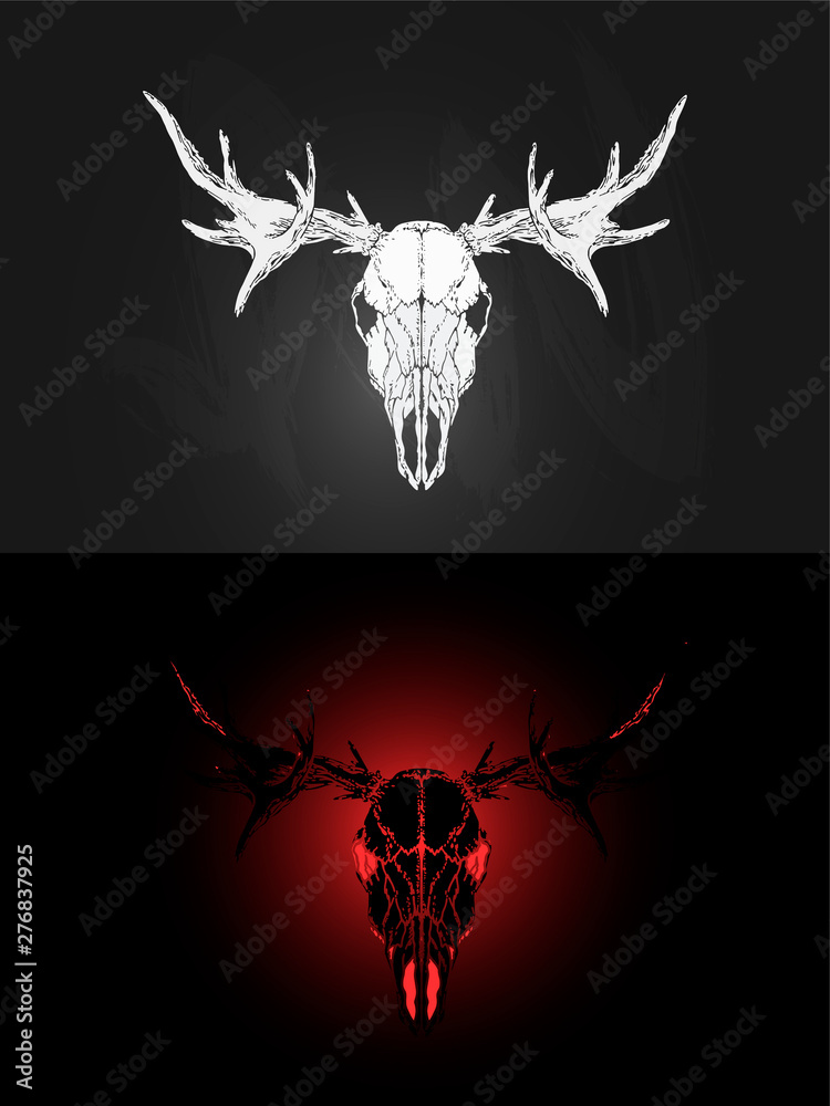 Vector illustration with two variants of hand drawn moose skull on dark ...