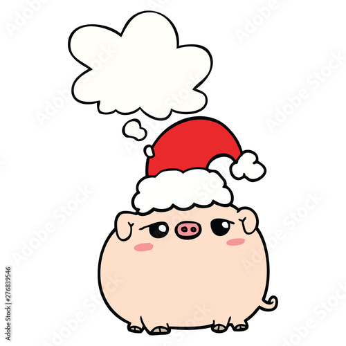 cartoon pig wearing christmas hat and thought bubble