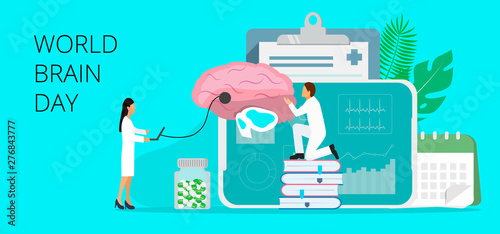 World brain day in 22 July concept. Neurology healthcare, dementia, alzheimer metaphor.  Anatomical science of brain and senses diseases,  for website and mobile website development, landing page.
