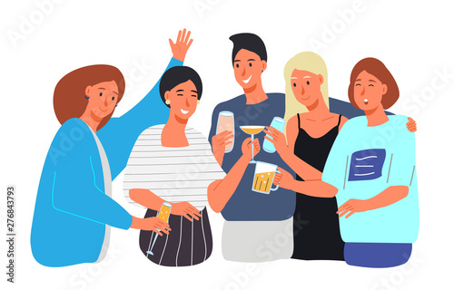 Group of happy young people, carefree boys and girls clink and drink alcohol at a party. A joyful meeting of dear friends who celebrate together. Flat cartoon style.