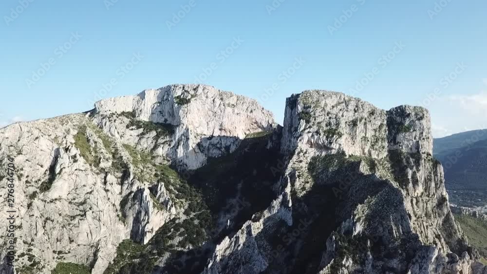 Drone flying over the mountain of capo Gallo, close to Sferracavallo village, Palermo province, Sicily, Italy.