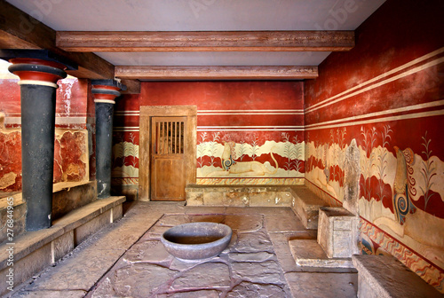 The hall of the throne in the Minoan Palace of Knossos, Heraklion, Crete, Greece. photo