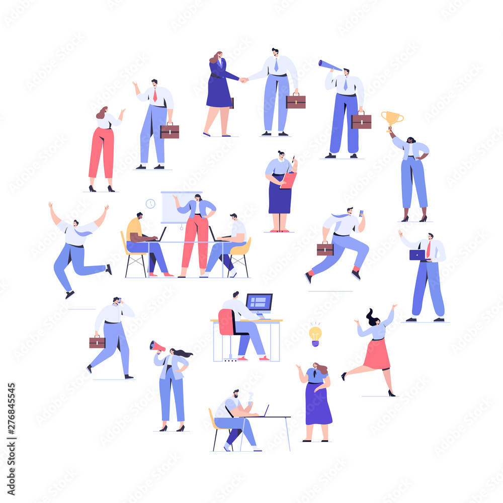 Business people arranged in circle shape. Men and women kit. Business People vector set. Men and women. Business team. Teamwork, brainstorming. Success. Flat vector characters Business people arranged in circle shape. Men and women kit. Business People vector set. Men and women. Business team. Teamwork, brainstorming. Success. Flat vector characters