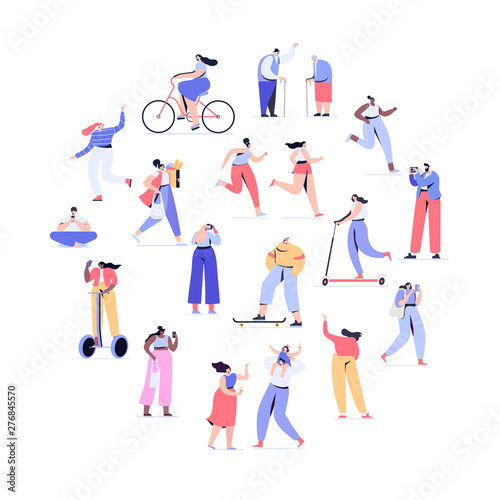 Crowd of people arranged in circle shape. Men and women kit. Different walking and running people. Outdoor. Male and female. Flat vector characters isolated on white background. 