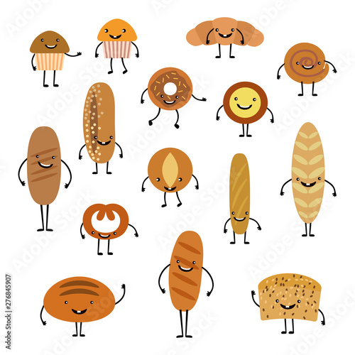 Cartoon happy breads faces character set, kawaii croissant and pastry, cute chocolate muffin and baguette expression vector illustration