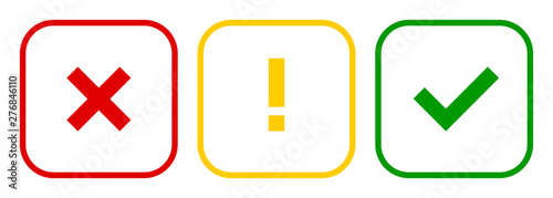 Set of square x mark, exclamation point, check mark icons, buttons on white background.