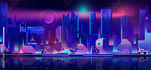 Modern metropolis night seafront cartoon vector. Futuristic architecture skyscrapers reflecting in bay calm water, city building illuminating in darkness, downtown business real estate illustration