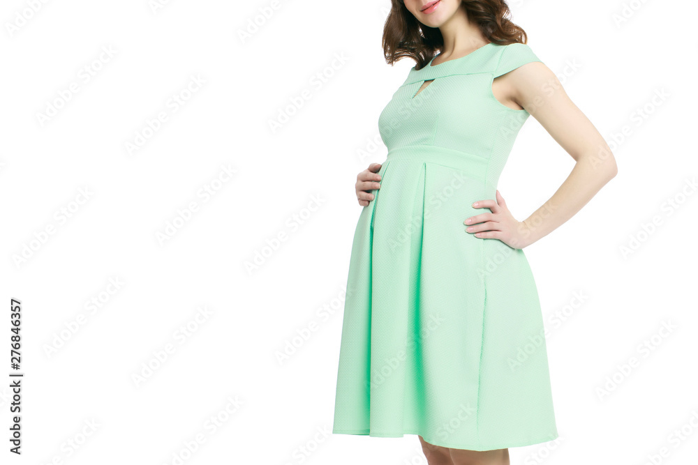 Pregnant woman in retro dress isolated white background