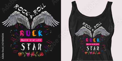 Embroidery guitar and wings, roses, music notes, rock star slogan. Trendy apparel design. Template for fashionable clothes, modern print for t-shirts, apparel art