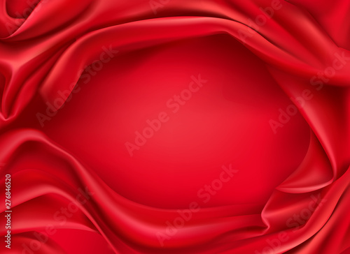 Elegant, wavy satin or silk fabric with creases on sides and smooth surface in center 3d realistic vector background. Romantic advertisement design template, luxury goods red atlas backdrop, copyspace