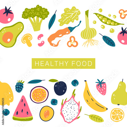 Vector hand drawn healthy food illustration isolated on white background. Fruits and vegetables.