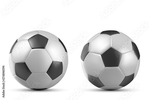 Football or soccer ball isolated on white background  sports accessory  equipment for playing game  championship or tournament competition  design element. Realistic 3d vector illustration  clip art