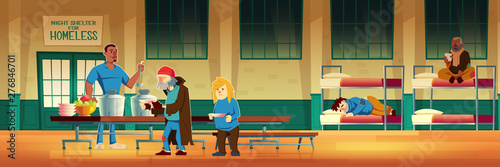 Night shelter for homeless, emergency housing, temporary residence for people, bums and beggars without home. Poor men and woman lying on bed, eating and drinking warm food Cartoon vector illustration