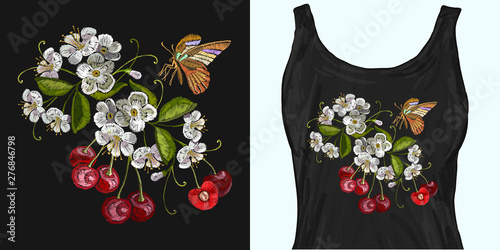 Embroidery cherry blossom tree and cherry fruit berry and butterfly. Trendy apparel design. Template for fashionable clothes, modern print for t-shirts, apparel art