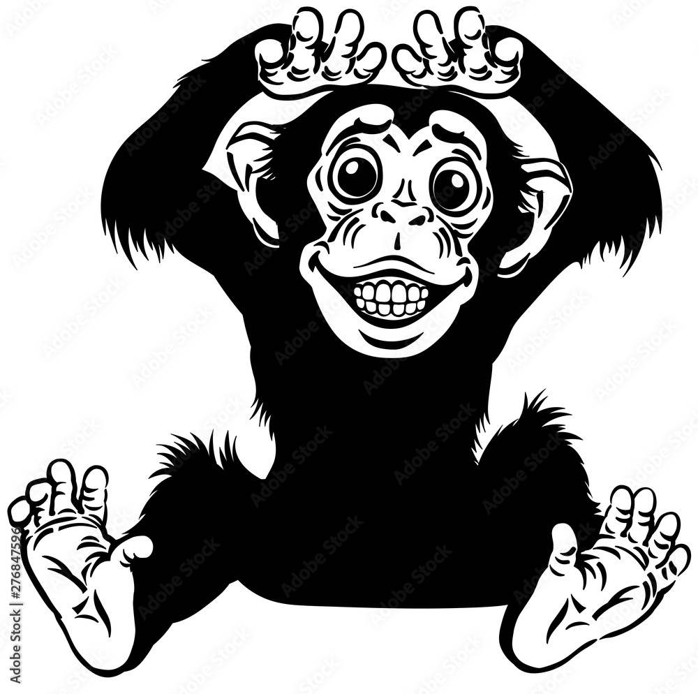 Cartoon Chimp Ape Or Chimpanzee Monkey Smiling Cheerful With A Big Smile On Face Showing Teeth Positive And Happy Emotion Sitting Pose Front View Black And White Isolated Vector Illustration Stock Vector