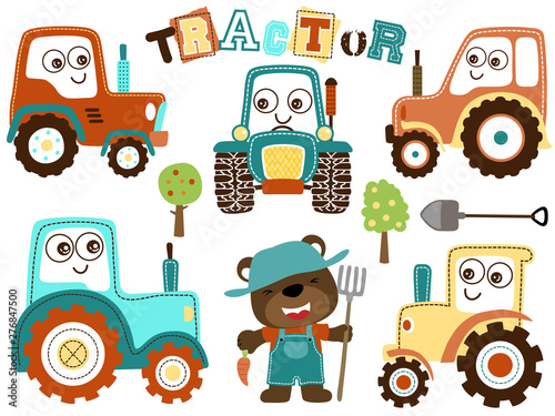 Vector set of tractor cartoon with funny farmer