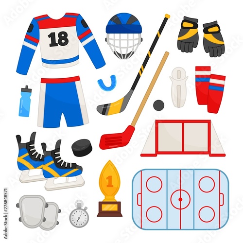 Vector set of equipment for hockey. Cartoon illustrations of hockey form, stick, helmet, gate, field.