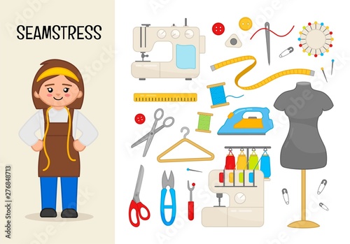 Vector character seamstress. Illustrations of sewing equipment. Set of cartoon professions.