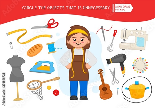 Educational game for children. Cartoon seamstress. Circle the objects that is unnecessary. 