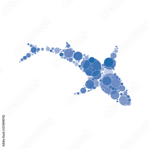 abstract silhouette of shark filled with blue circles of different sizes and shades of color on white background