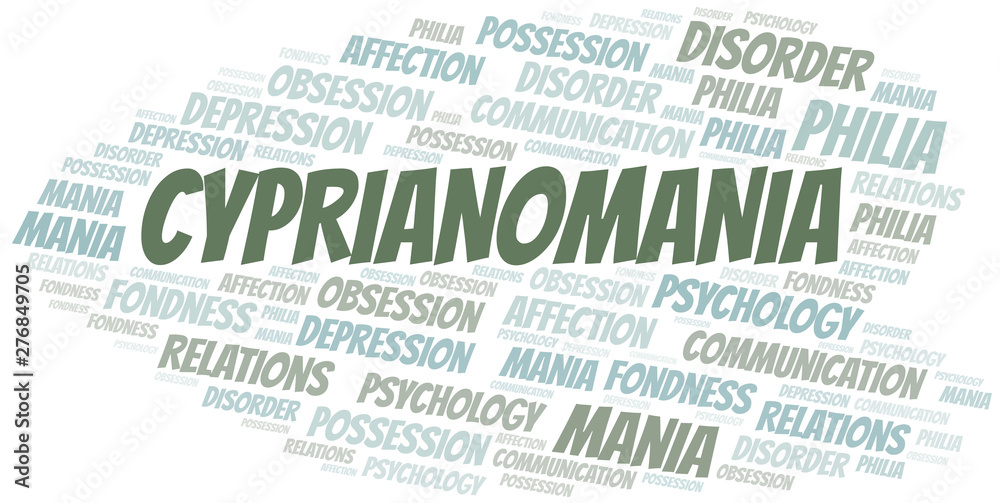 Cyprianomania word cloud. Type of mania, made with text only.