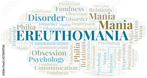 Ereuthomania word cloud. Type of mania, made with text only.
