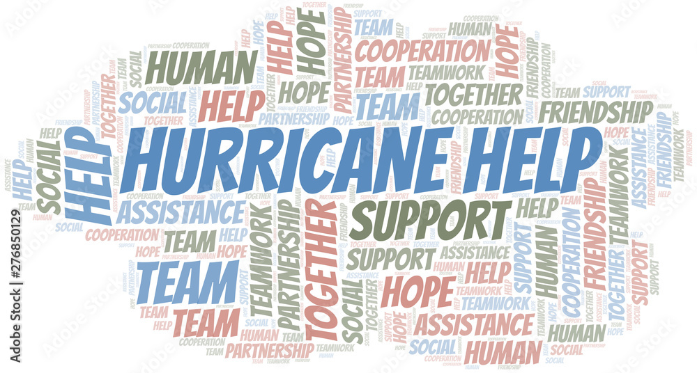 Hurricane Help word cloud. Vector made with text only.