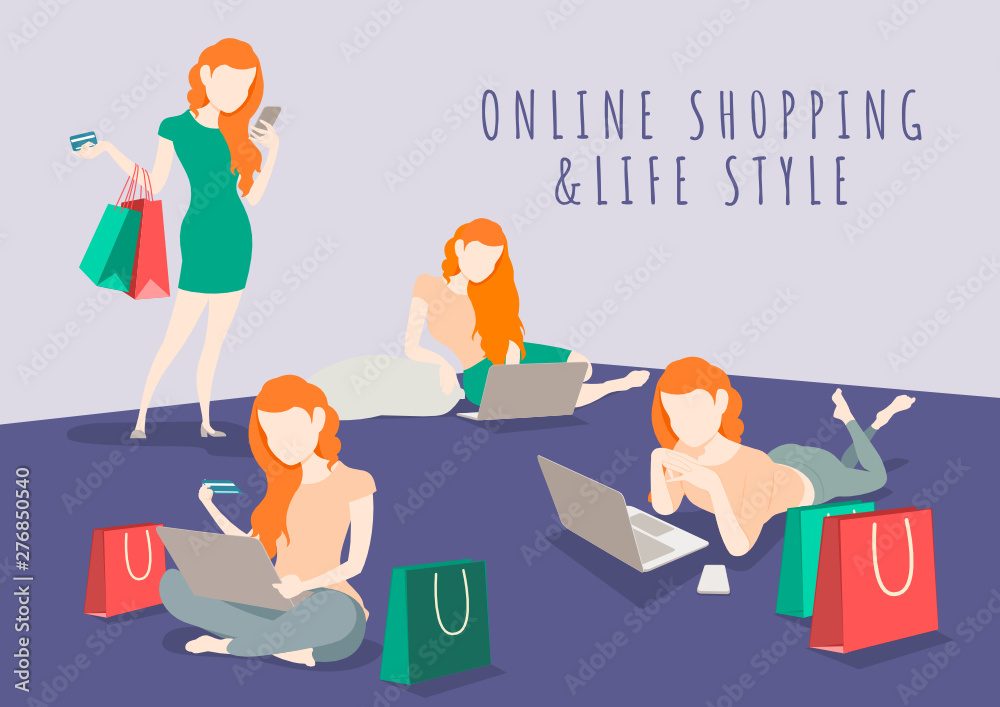 Naklejka premium Woman Character life style character shopping online with mobile phone and laptop.shopping online and marketing.