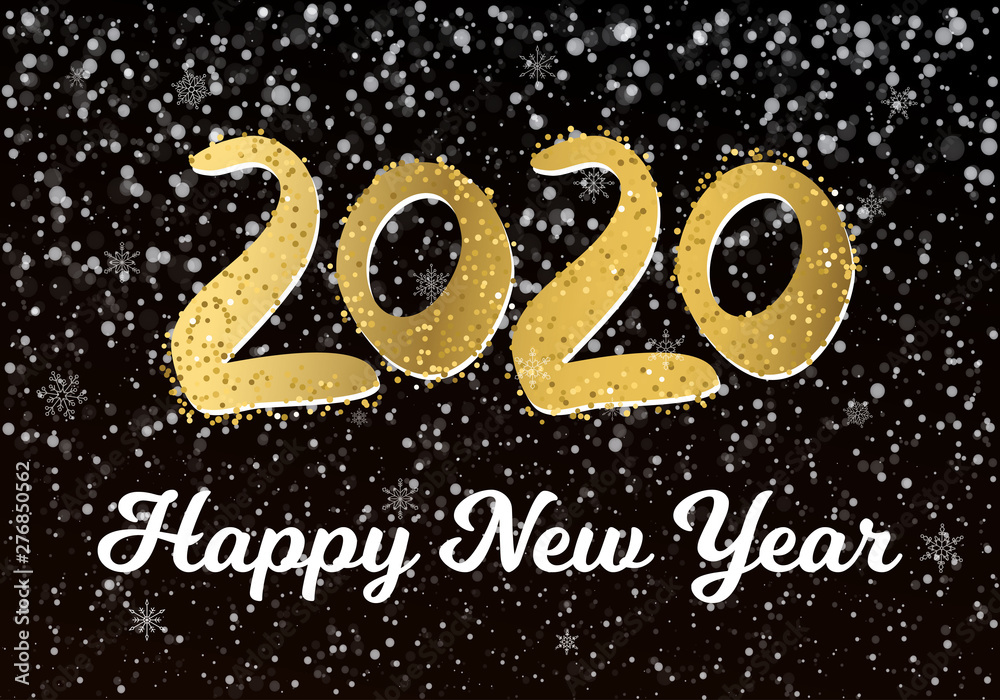 2020 happy new year postcard with falling snow in the dark, frozen numbers 2020, snowdrifts, flat style design vector illustration on black background. Year of the metal rat.