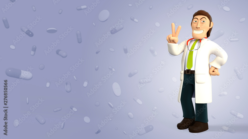 Cartoon 3d doctor with a stethoscope smiling and waving a v sign on a purple background with falling pills and tablets 3d rendering Cartoon 3d doctor with a stethoscope smiling and waving a v sign on a purple background with falling pills and tablets 3d rendering