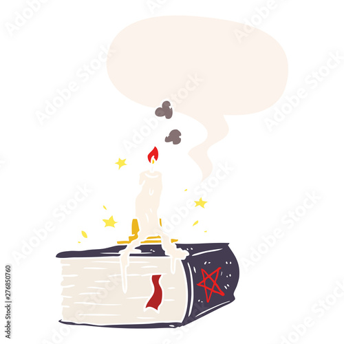 cartoon spooky spellbook and dribbling candle and speech bubble in retro style