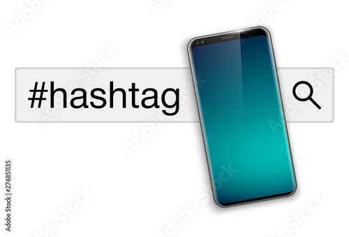 illustration web search by hashtag on mobile phone isolated on white background. Banner with smartphone search engine browser by hashtag