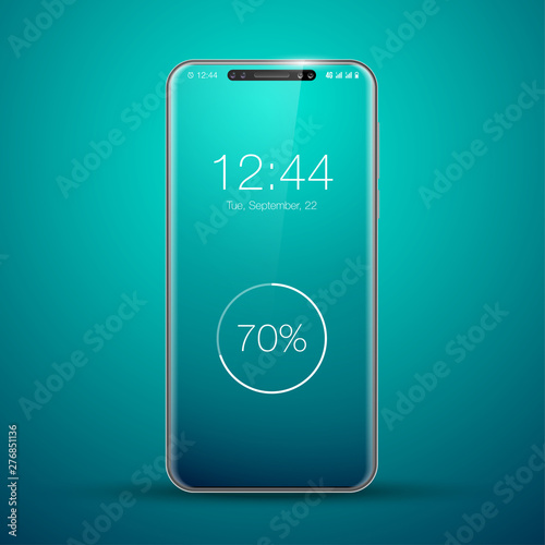 model of a new frameless smartphone concept. New technologies realistic Mobile phone. Smartphone icon Isolated on a blue background. Phone Design Template for Mock Up