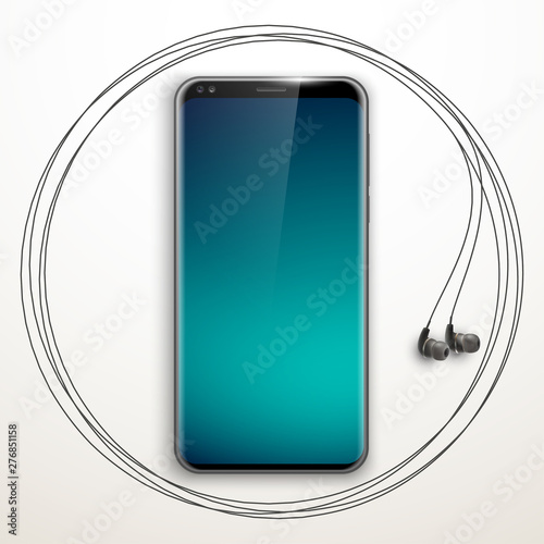 Image headphones on smartphone latest model background. Device for listening music on phone latest model background. Color stereo headphone for listening audio from phone. Banner earphones music party