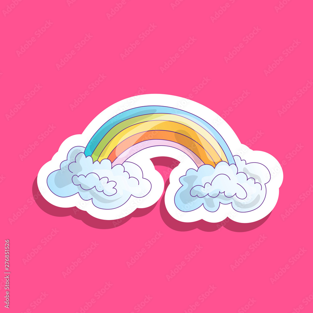 Color Rainbow With Clouds. Cute cartoon rainbow in blue clouds sticker, on  pink background Stock Vector | Adobe Stock