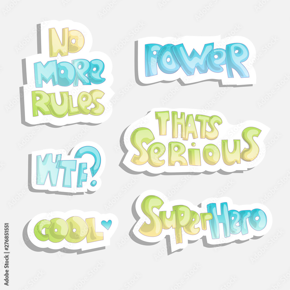 Cute cartoon funny quotes, sticker quotes about free life. No more rules,  power, serious, cool and other words, funny sticker girl fashion style,  isolated Stock Vector | Adobe Stock