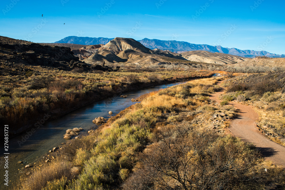 Desert scene road and the Virgin River in southern Utah