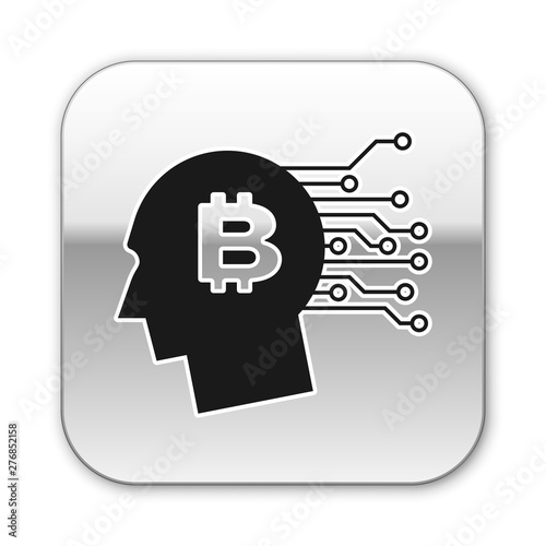 Black Bitcoin think icon isolated on white background. Cryptocurrency head. Blockchain technology, bitcoin, digital money market, cryptocoin wallet. Silver square button. Vector Illustration