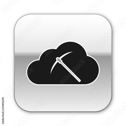 Black Cryptocurrency cloud mining icon isolated on white background. Cloud with pickaxe, bitcoin, altcoins, digital money market, cryptocoin wallet. Silver square button. Vector Illustration