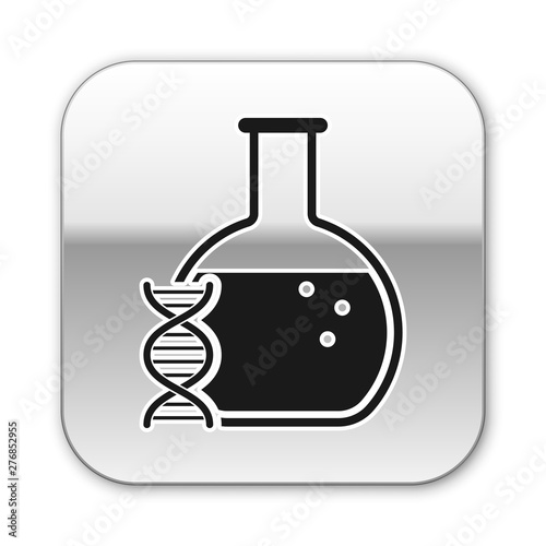 Black DNA research, search icon isolated on white background. Genetic engineering, genetics testing, cloning, paternity testing. Silver square button. Vector Illustration