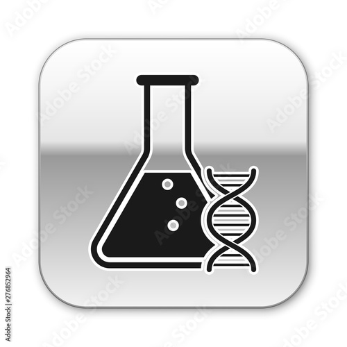 Black DNA research, search icon isolated on white background. Genetic engineering, genetics testing, cloning, paternity testing. Silver square button. Vector Illustration