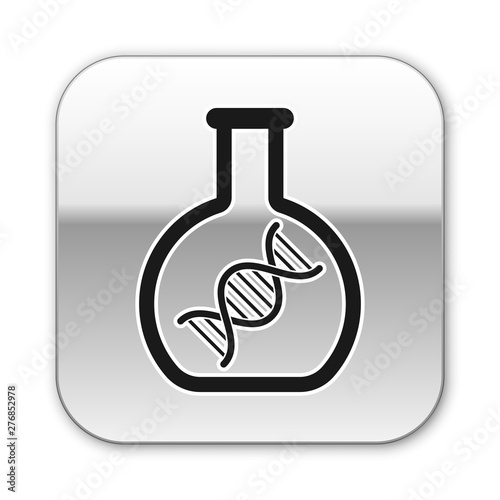 Black DNA research, search icon isolated on white background. Genetic engineering, genetics testing, cloning, paternity testing. Silver square button. Vector Illustration