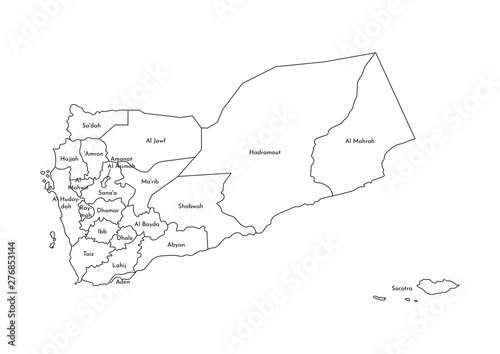 Vector isolated illustration of simplified administrative map of Yemen. Borders and names of the regions (governorates). Black line silhouettes photo