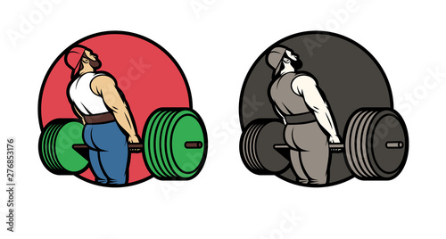 Vector set of logos for the sport club in color and black and white. Design stickers, movies, logo athlete with a barbell. Isolated logo man raises barbell view from the back