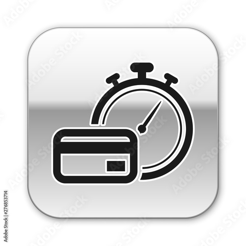 Black Fast payments icon isolated on white background. Fast money transfer payment. Financial services, fast loan, time is money, cash back concept. Silver square button. Vector Illustration