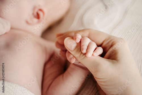 Little handle newborn baby in mom's big hand. Concept hrukosti and innocence photo