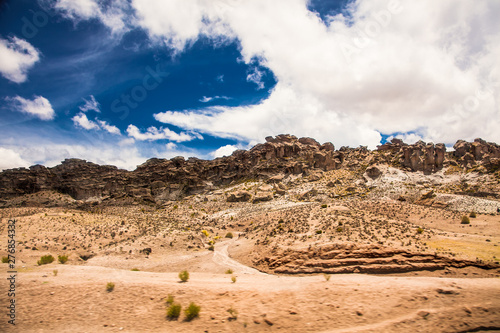 Rock formations and beautiful landscape between Uyuni and La Paz, Bolivia. Desert landscape of Bolivia.